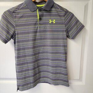 Under Armour boys youth medium loose gray green stripped heat gear golf polo